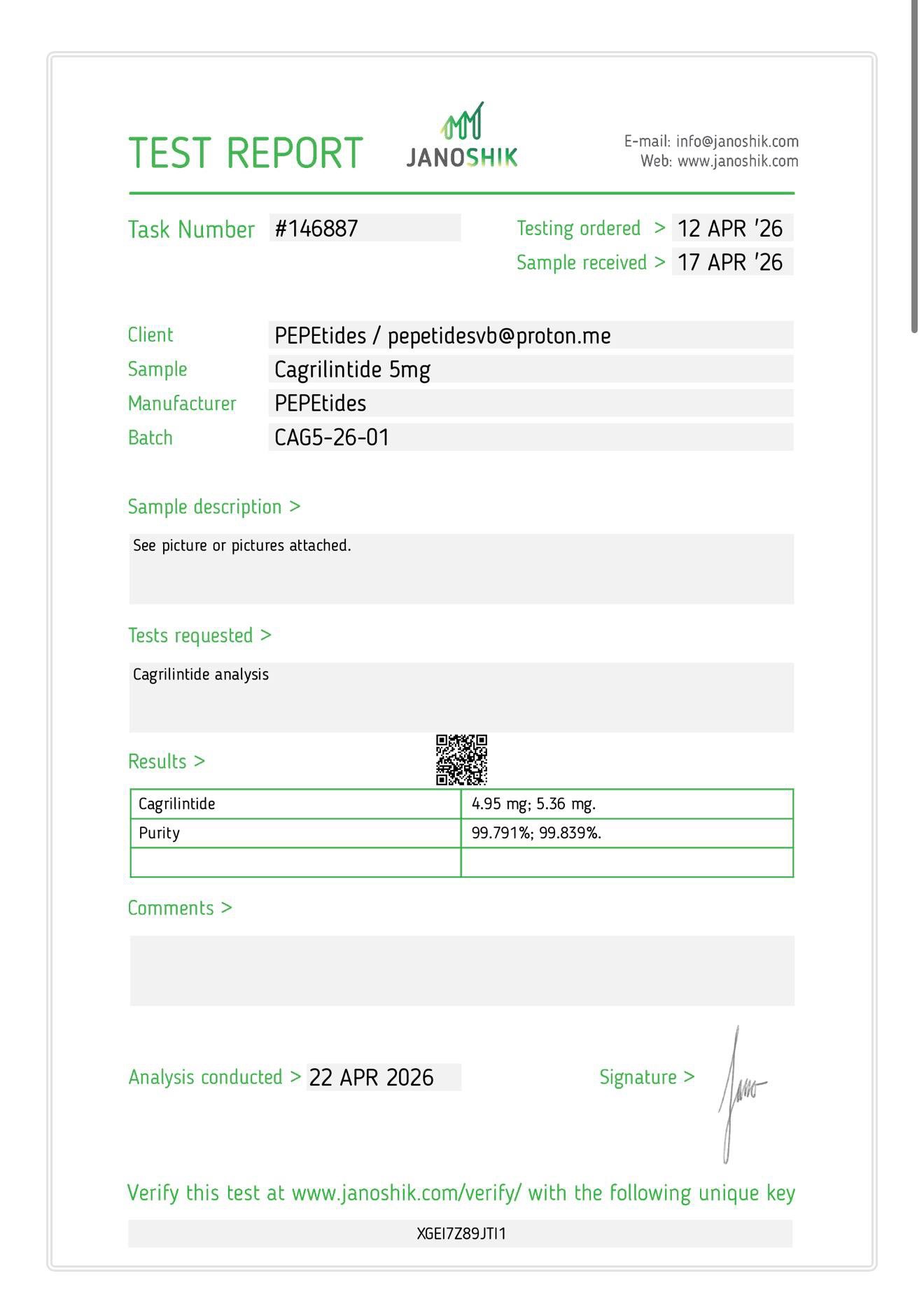 Cagrilintide 5mg laboratorinio tyrimo sertifikatas (COA)