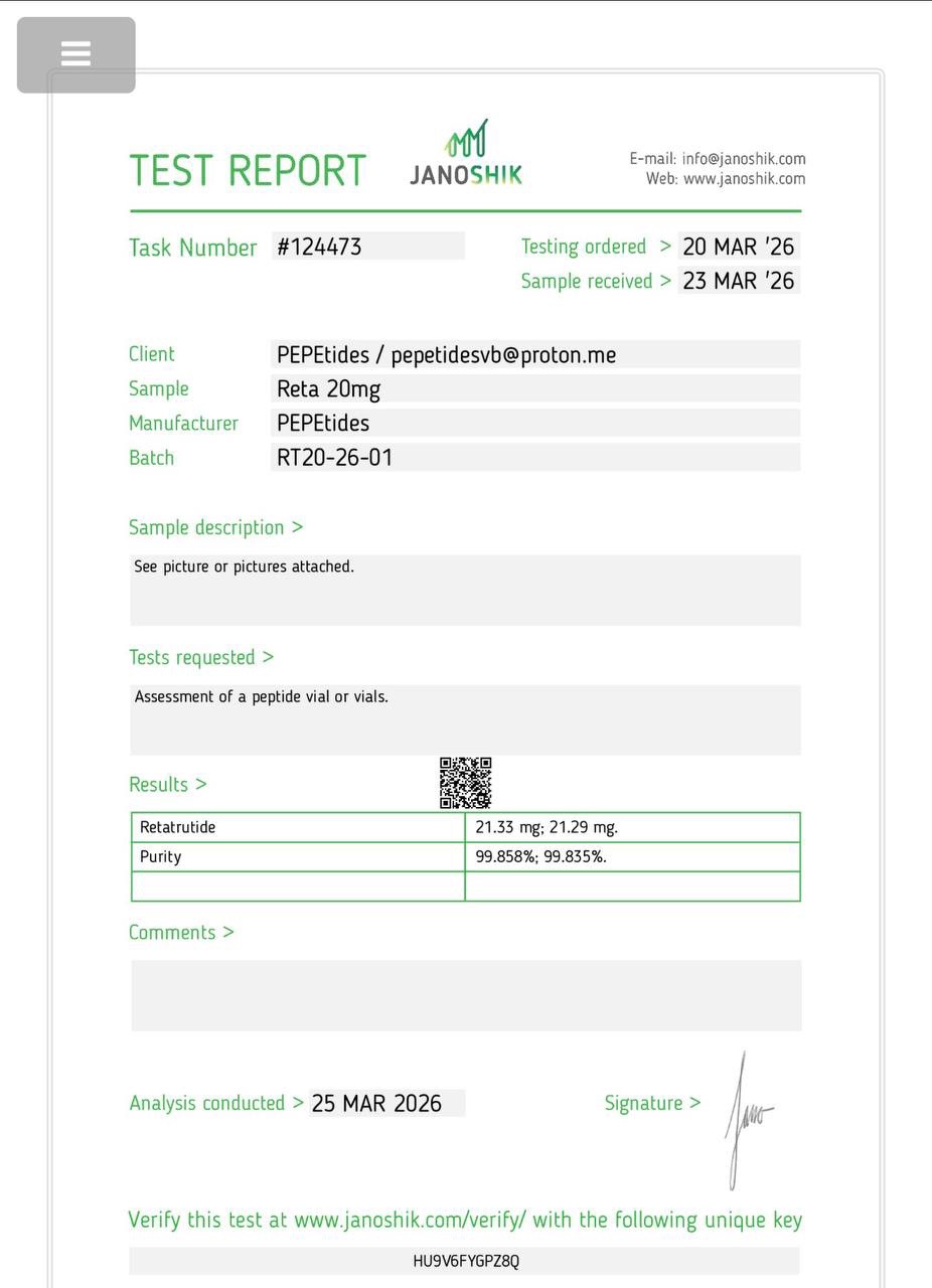 Retatrutide 20mg laboratorinio tyrimo sertifikatas (COA)