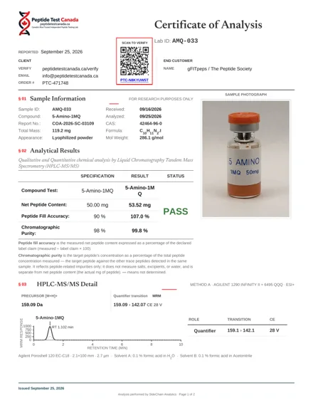 5-Amino-1MQ 50mg laboratorinio tyrimo sertifikatas (COA)