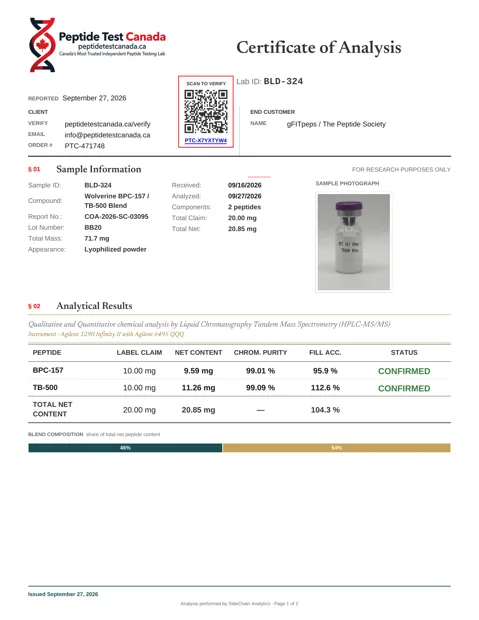 BPC-157 + TB-500 10+10mg laboratorinio tyrimo sertifikatas (COA)