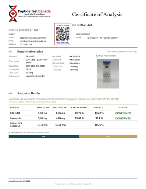 CJC-1295 + Ipamorelin 5+5mg laboratorinio tyrimo sertifikatas (COA)