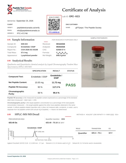 DSIP 10mg laboratorinio tyrimo sertifikatas (COA)