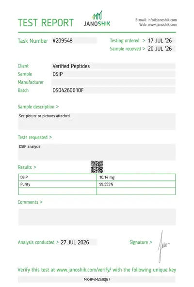 DSIP 10mg laboratorinio tyrimo sertifikatas (COA)