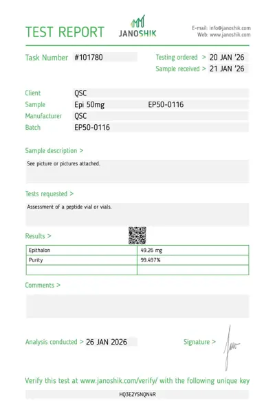 Epitalon 50mg laboratorinio tyrimo sertifikatas (COA)
