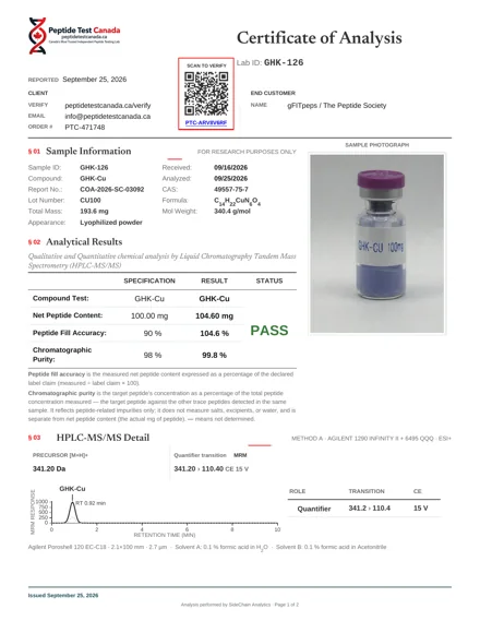 GHK-Cu 100mg laboratorinio tyrimo sertifikatas (COA)