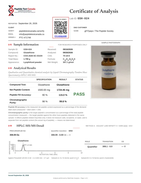 Glutationas 1500mg laboratorinio tyrimo sertifikatas (COA)