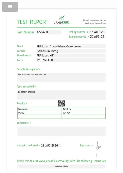 Ipamorelin 10mg laboratorinio tyrimo sertifikatas (COA)