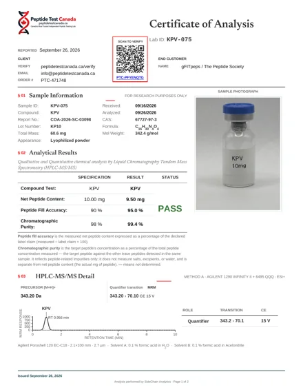 KPV 10mg laboratorinio tyrimo sertifikatas (COA)