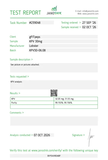 KPV 30mg laboratorinio tyrimo sertifikatas (COA)