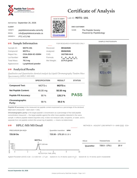 MOTS-c 40mg laboratorinio tyrimo sertifikatas (COA)