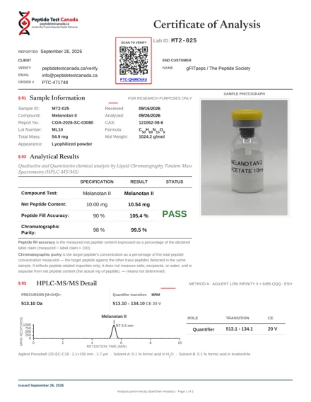 Melanotan-2 (MT-2) 10mg laboratorinio tyrimo sertifikatas (COA)