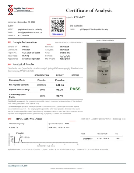 Pinealon 10mg laboratorinio tyrimo sertifikatas (COA)