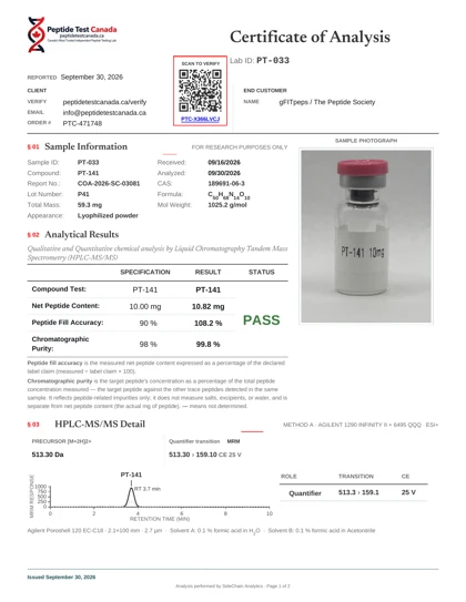 PT-141 (Bremelanotide) 10mg laboratorinio tyrimo sertifikatas (COA)