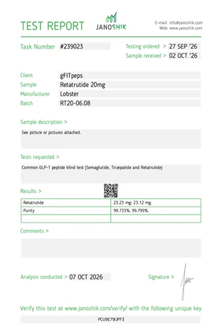 Retatrutide 20mg laboratorinio tyrimo sertifikatas (COA)