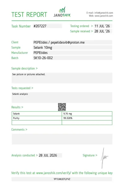 Selank 10mg laboratorinio tyrimo sertifikatas (COA)
