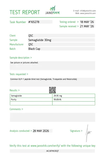 Semaglutide 30mg laboratorinio tyrimo sertifikatas (COA)