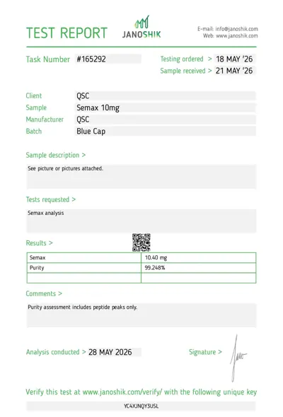 Semax 10mg laboratorinio tyrimo sertifikatas (COA)