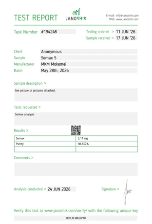 Semax 5mg laboratorinio tyrimo sertifikatas (COA)