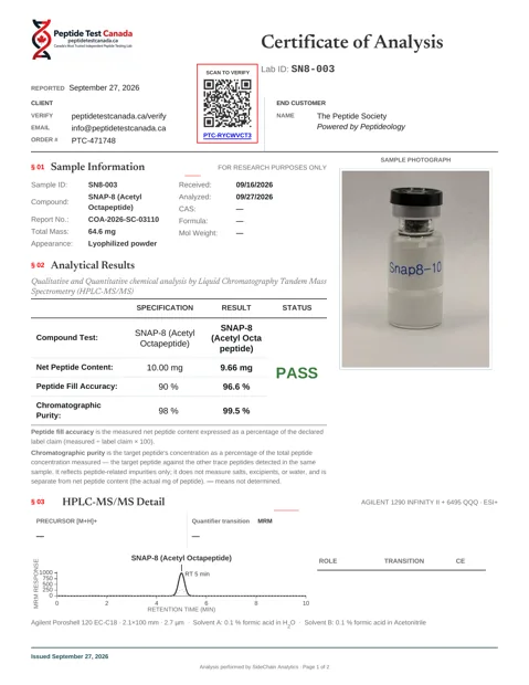 SNAP-8 10mg laboratorinio tyrimo sertifikatas (COA)