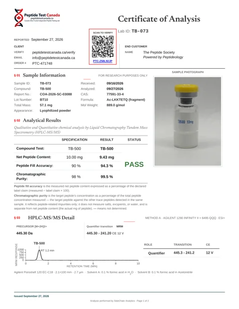 TB-500 10mg laboratorinio tyrimo sertifikatas (COA)