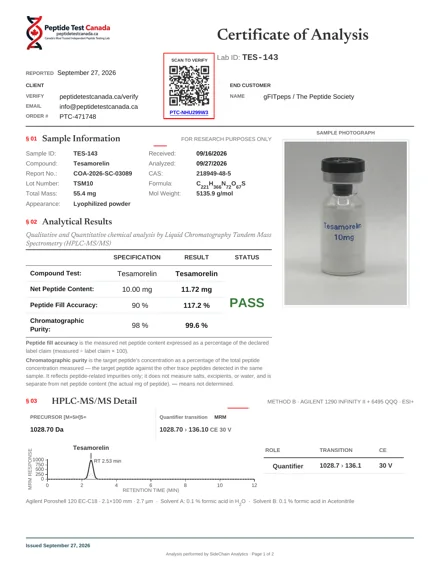 Tesamorelin 10mg laboratorinio tyrimo sertifikatas (COA)